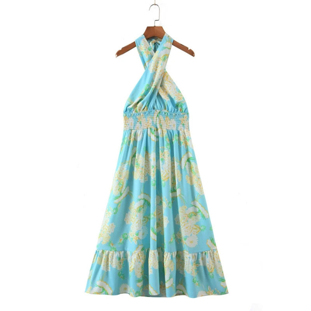 Spring Halter Neck Printed Pull On Elastic Waist Dress